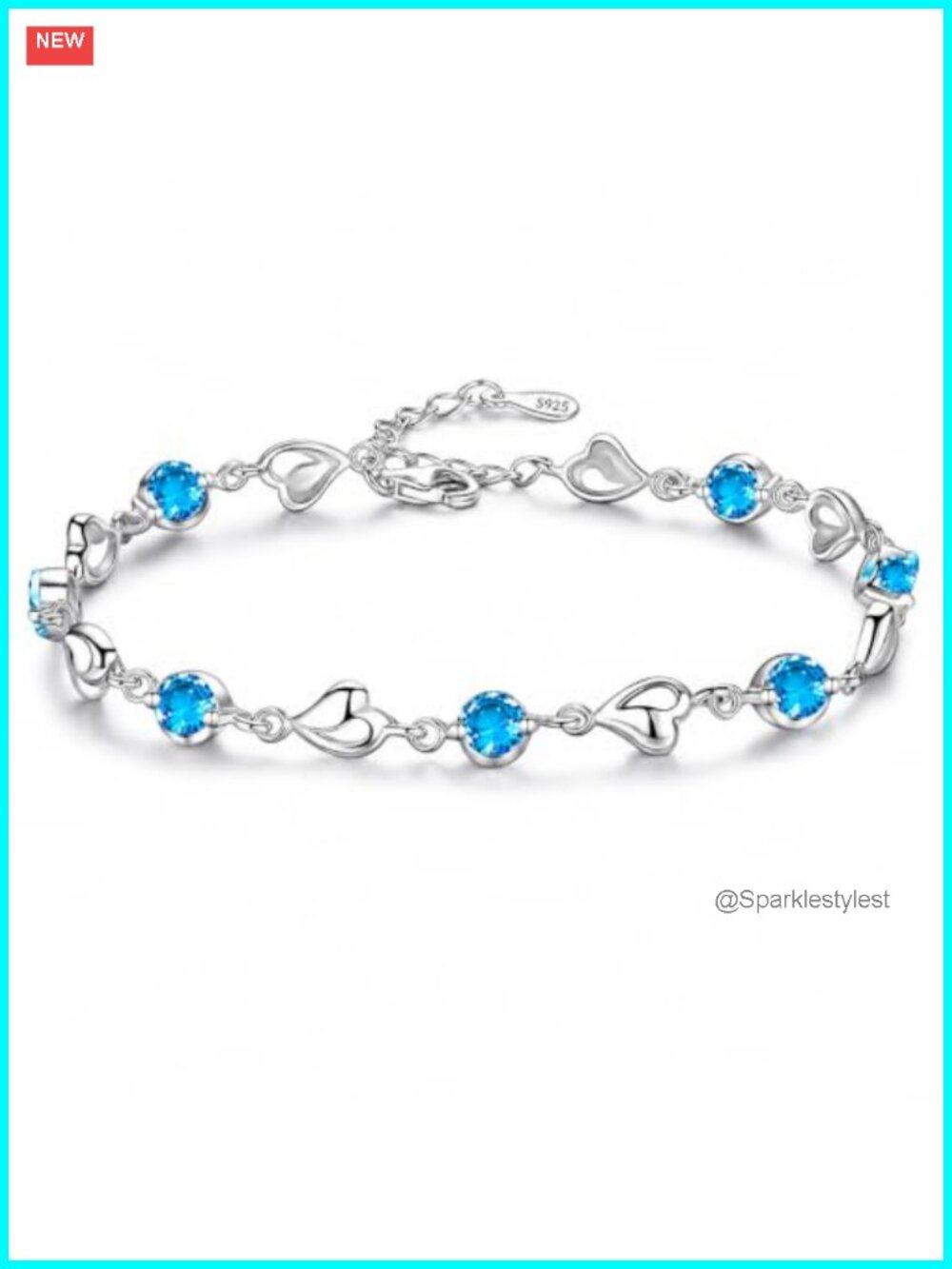 Sterling Silver Heart Bracelet Adjustable Blue Cubic Zirconia Chain